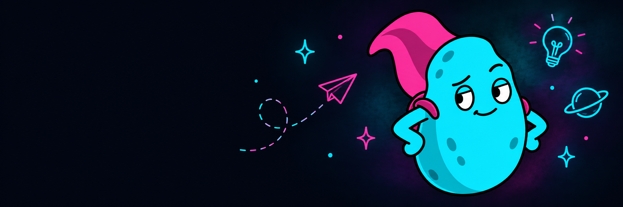 Able Potato: a cheerful cyan potato wearing a magenta cape, surrounded by a lightbulb, a paper plane, and stars.