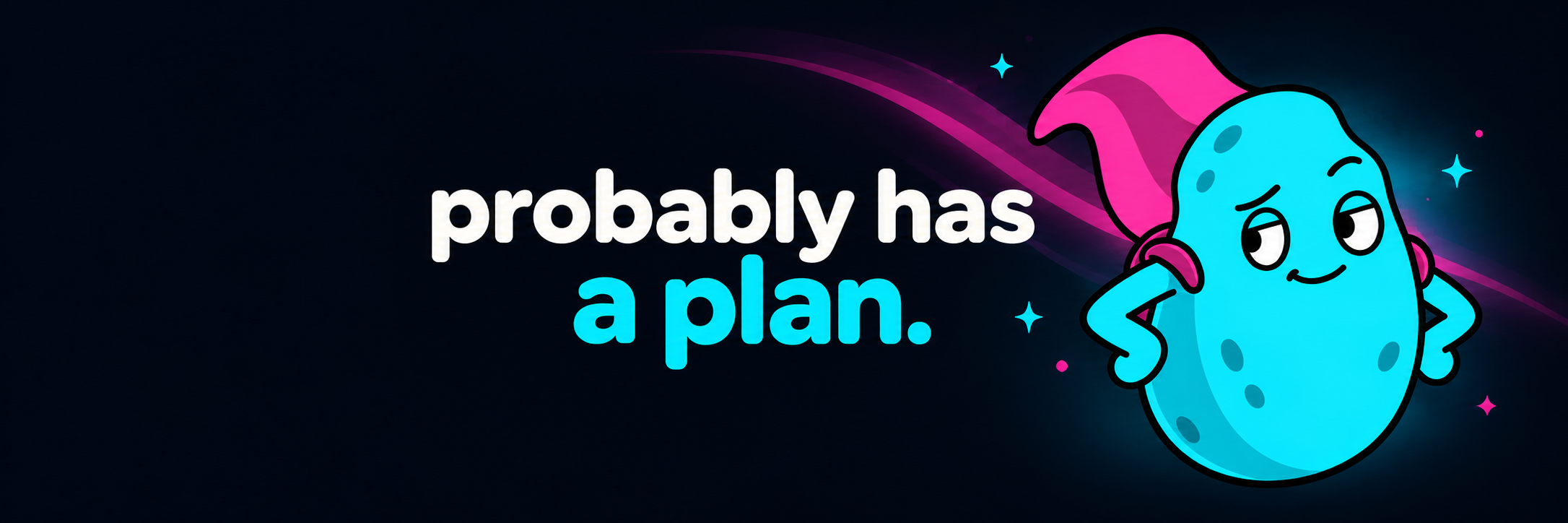 Able Potato social banner: probably has a plan. A cyan potato stands on the right in a magenta cape.